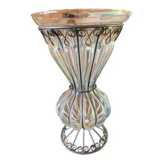 Vintage Crate & Barrel “Petra” Blown Glass Large Bubble Vase in Wrought Metal Frame For Sale