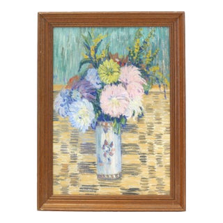French Floral Still Life Painting With Faience Vase For Sale