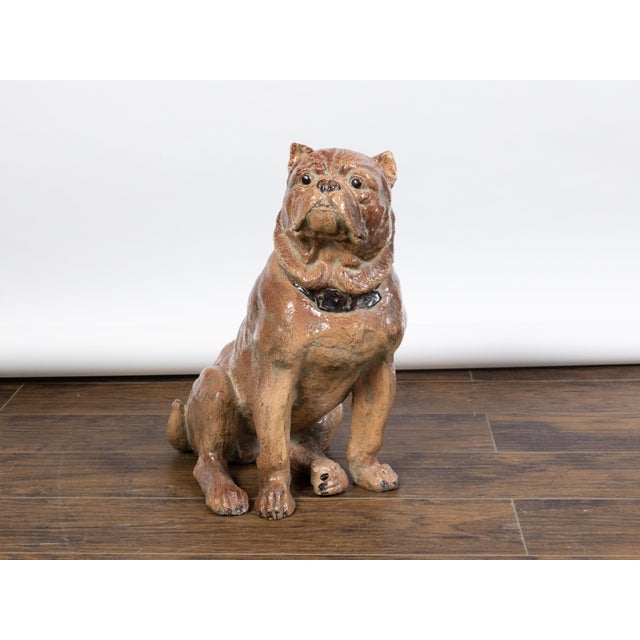 Vintage English Midcentury Sitting Bulldog Pottery Statue with Black Collar For Sale - Image 4 of 10