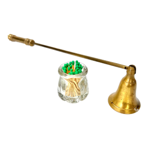 Vintage Brass Candle Snuffer & Glass Match Striker Set - Hollywood Regency Fireplace Decor