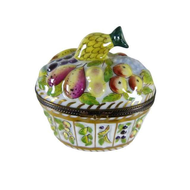 Brass 1980s Limoges France Peint Main Fruit Basket Trinket Box . Hand Painted . Pineapple Finial . Signed Cs For Sale - Image 8 of 13