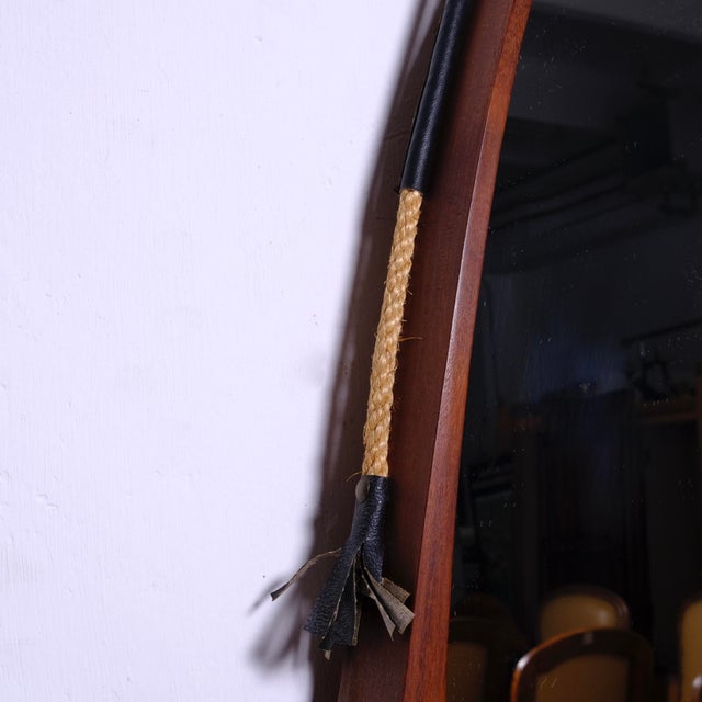 Vintage Oval Teak Mirror with Rope and Leather Details, 1950s For Sale - Image 12 of 13