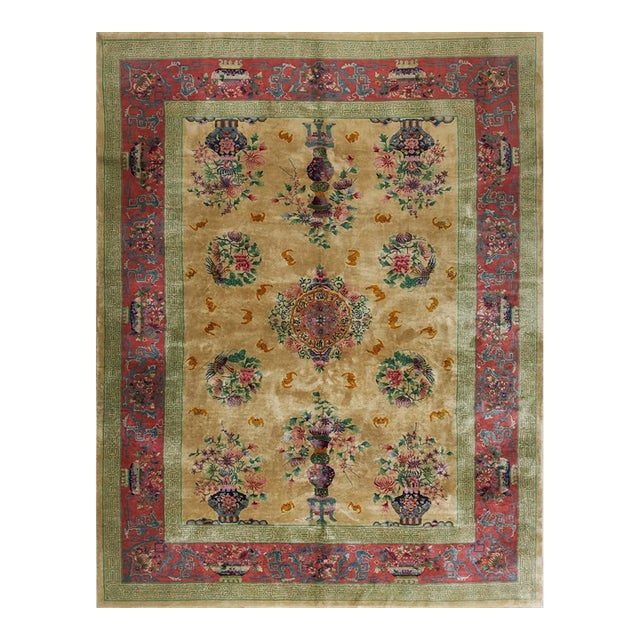 1920s Soft Yellow Field Antique Vase Floral Shou Symbols Chinese Art Deco Rug For Sale