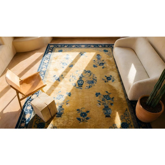 Beautiful Gold and Blue Color With Chinoiserie Design Antique Chinese Art Deco Rug For Sale In New York - Image 6 of 8