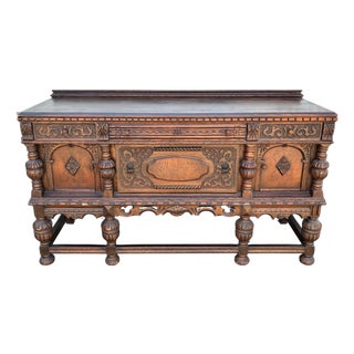 Early 20th Century Jacobean Revival Carved Oak Buffet Sideboard For Sale