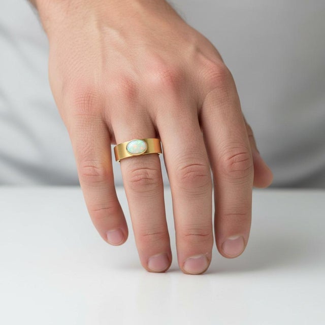 Not Yet Made - Made To Order Bezel Set Oval Opal Wide Matte Band Silver, Gold, Size 10 For Sale - Image 5 of 6