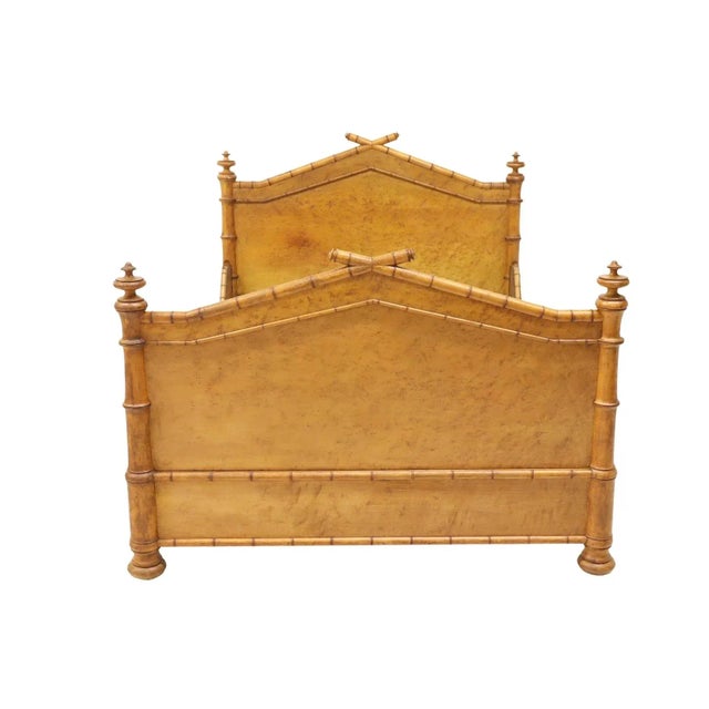 Late 19th century Maison Krieger French Bird's Eye Maple Bed with Faux Bamboo Moldings. Bed features matching headboard...