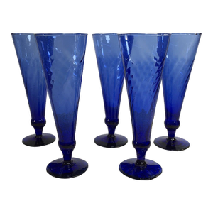 Late 20th Century Cobalt Blue Glass Swirl Tall Flutes- Set of 5