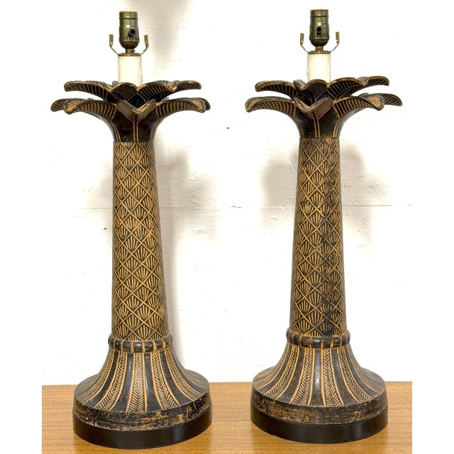 Yellow Late 20th Century Pair of British Colonial Style Bronze Palm Tree Lamps with Carved Tribal Motifs For Sale - Image 8 of 12