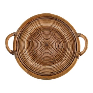 Vintage Bamboo Rattan Round Serving Tray For Sale