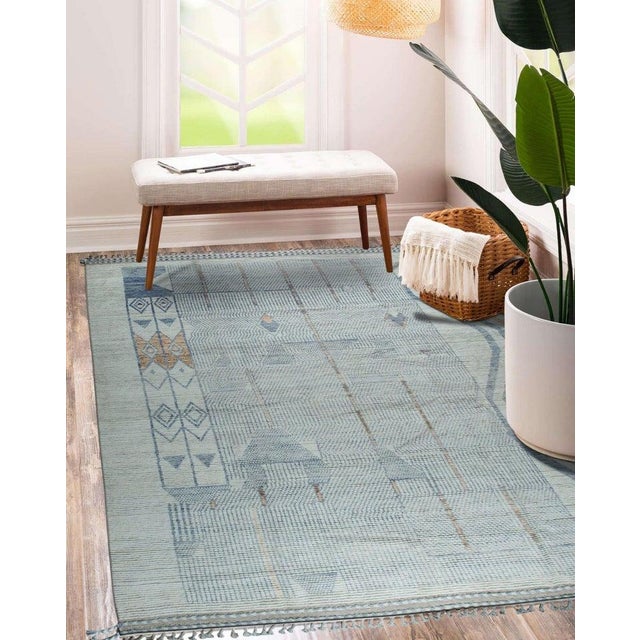 Light Gray 9x12 Gray Hand-Knotted Wool Striped Edge Accent Tribal Modern Carpet Rug For Sale - Image 8 of 9