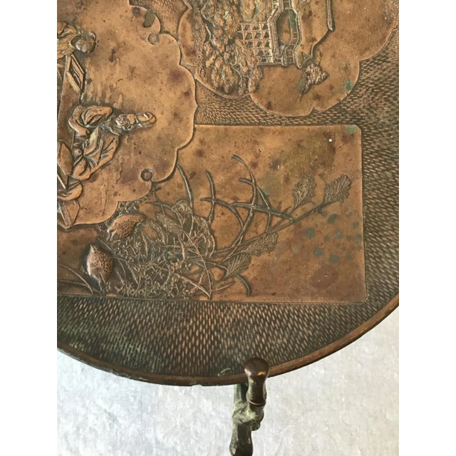 Metal 1920s Copper Stamped Dish Or Disc With Patina On Copper Faux Bamboo Stand For Sale - Image 7 of 10