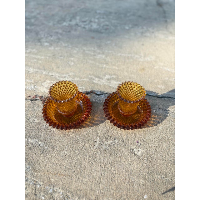 Mid-Century Modern Pair Indiana Glass Amber Diamond Cut Point Votive Peg Holders and Candle Bases, MCM For Sale - Image 3 of 9