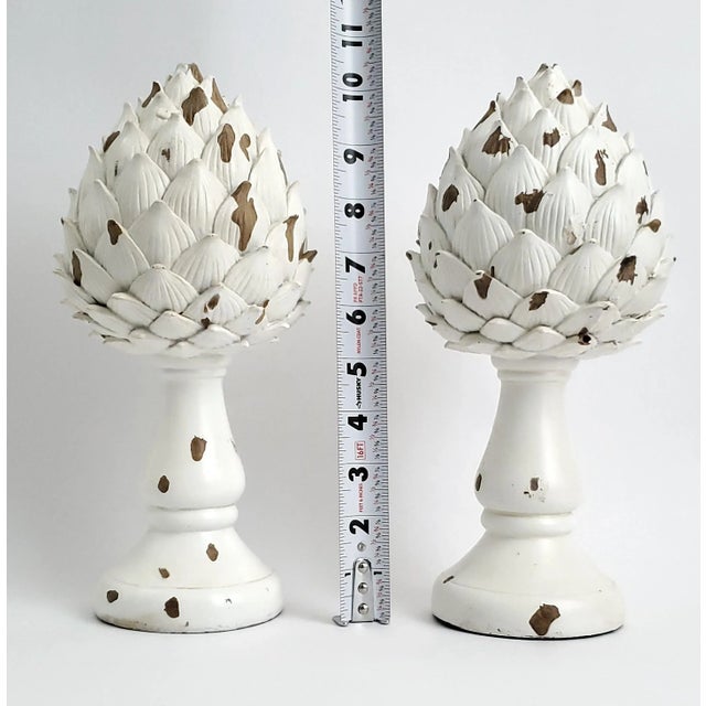 Farmhouse Sculptures Distressed Artichoke Finials Pair For Sale - Image 3 of 7