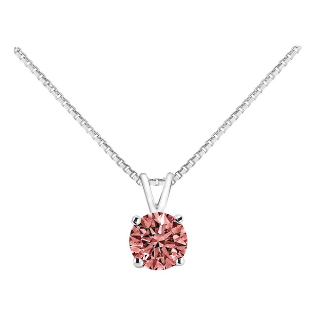 10K White Gold 1/2 Cttw Round Brilliant Cut Lab Grown Pink Diamond 4-Prong Solitaire Pendant Necklac For Sale
