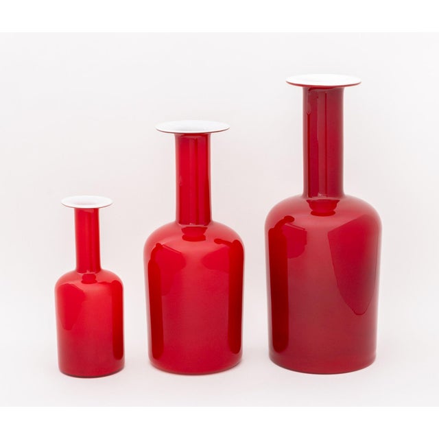 Collection of Three Otto Brauer for Kastrup Holmgaard Glass "Gulvvase" Vases, in red and white, each with "Kastrup...