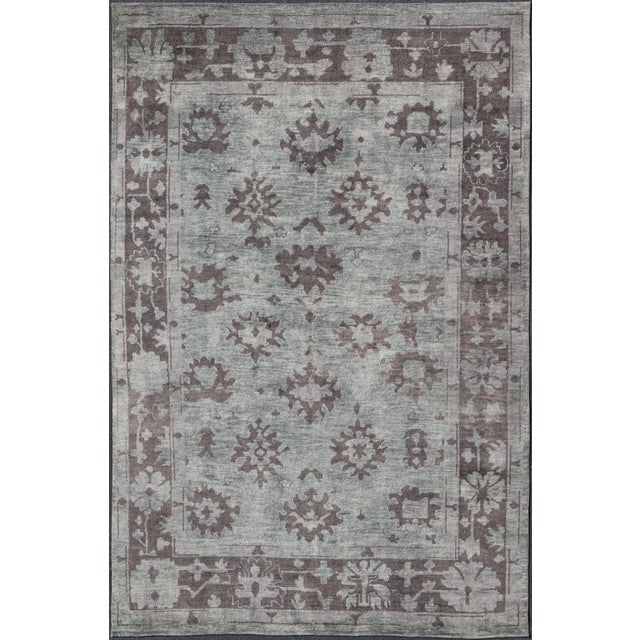 Modern Hand Knotted Oushak Rug in Wool With Sub-Geometric Design in Green and Brown For Sale - Image 13 of 13