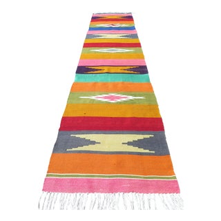 Mid 20th Century Bright Colors Aesthetic Handmade Vintage Runner Rug Hallway Kilim For Sale