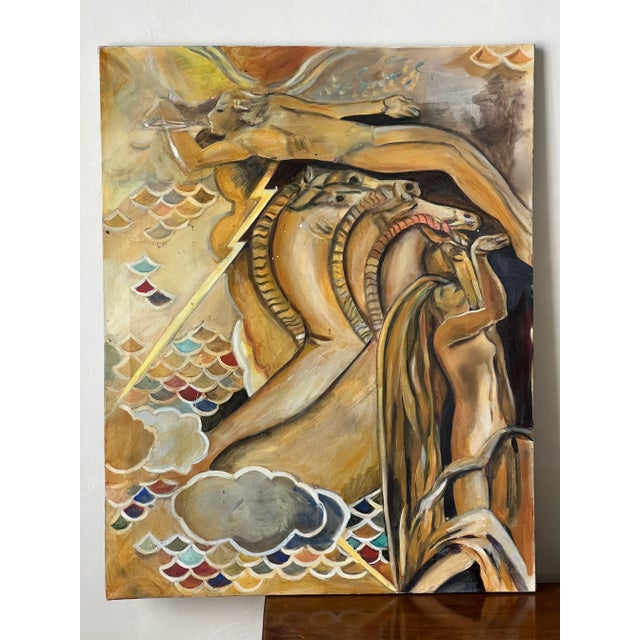 Fantastic diptych featuring figures and horses in a mythological style setting. Acrylic on stretched canvas.