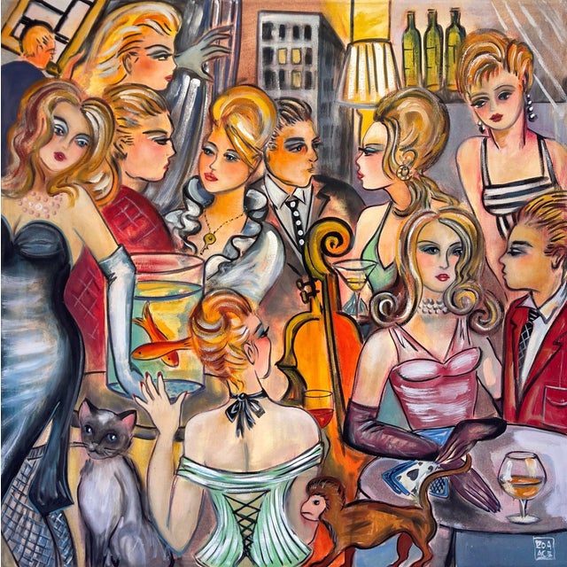 Urban Party by Zoa Ace | Oil on Canvas depiction of a lively social gathering in an urban setting. For Sale