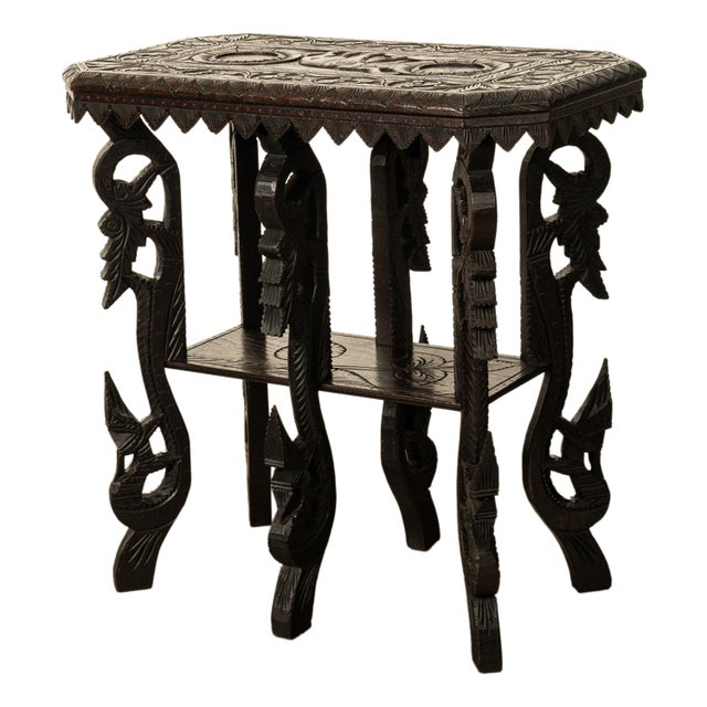 Antique Carved Anglo Indian Teak Wood Elephant Twin Tier Lamp Side Table 1900 For Sale - Image 15 of 17