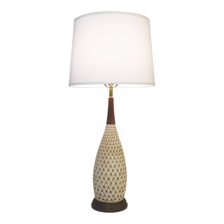 1960s Raymor Italy Large Pinecone Textured Ceramic Pottery Walnut Table Lamp For Sale