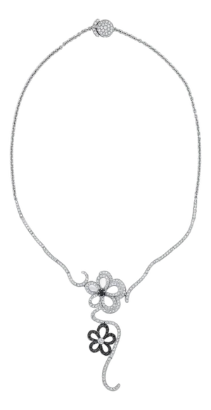 Floral Motif 18k White Gold Black and White 3.50ct Diamond Necklace