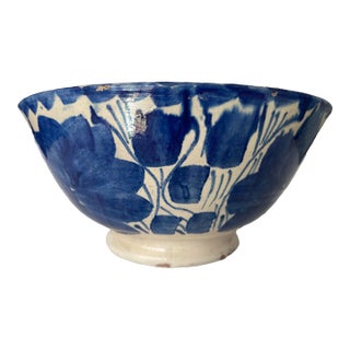 Large Vintage Mexican Blue and Ivory Talavera Pottery Bowl For Sale
