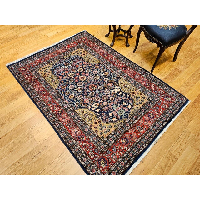 1900 - 1909 Vintage Persian Tabriz Area Rug, Hand-Knotted Wool, Floral Pattern, Navy & Red, 4x6 For Sale - Image 5 of 15