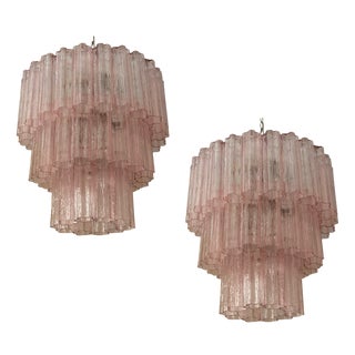 Large Pink Colorful Murano Chandeliers with Tubular Prisms Tronchi, Set of 2 For Sale