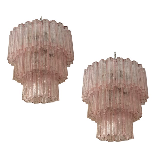 Large Pink Colorful Murano Chandeliers with Tubular Prisms Tronchi, Set of 2 For Sale