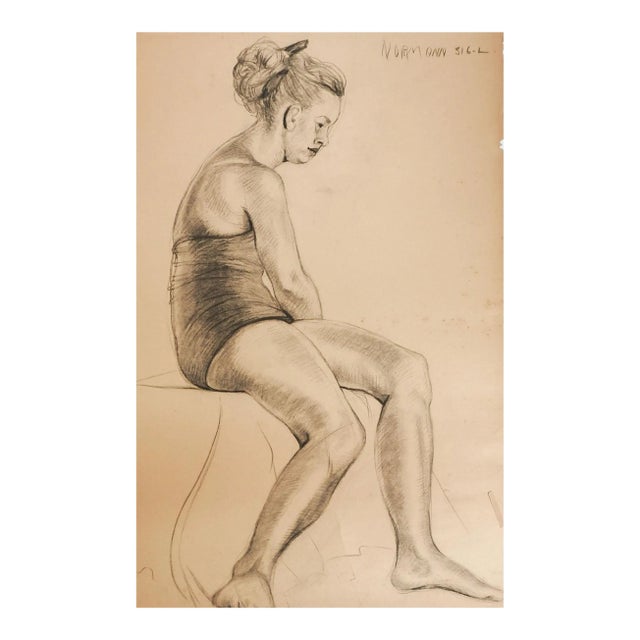 Vintage Charles Normann Charcoal Seated Female Drawing For Sale