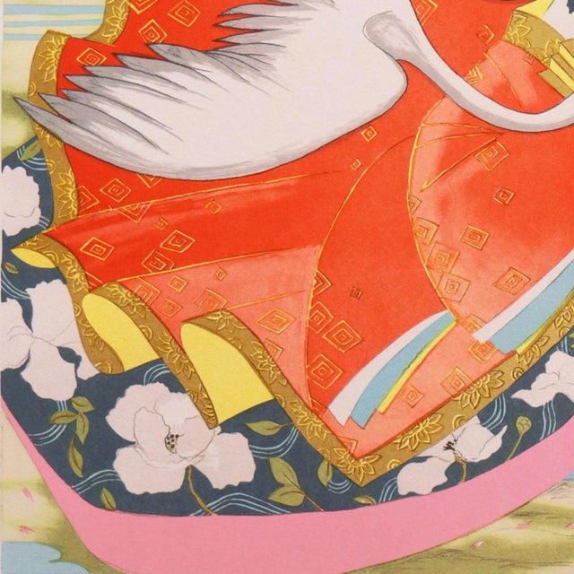 1990s 'Happy Tidings' by Miharu Lane, Geisha, Holding a Fan, Receives a White Crane, Silk Kimono For Sale - Image 5 of 10