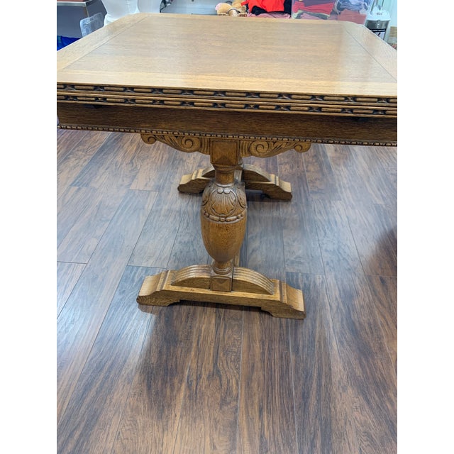 Art Deco 1910s English Antique Oak Art Deco Draw Leaf Pub Table For Sale - Image 3 of 11