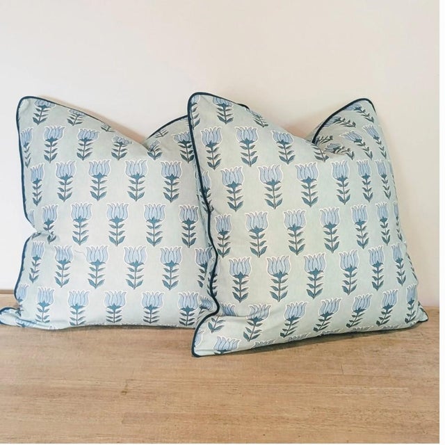 Aqua Schumacher Blue & Aqua Pillow Bundle - Bukhara Ikat and Mia Tulip Pillows - Set of 4 For Sale - Image 8 of 11
