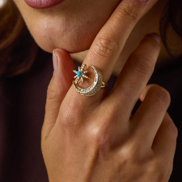 Mid 20th Century Vintage Turquoise Diamond 14k Yellow Gold Star Crescent Ring, Size 7 For Sale - Image 5 of 6