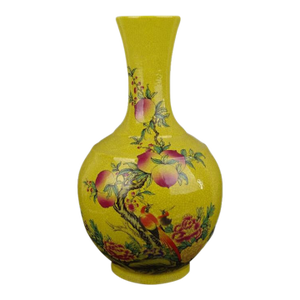 Antique Chinese Ceramic Qing Dynasty Qianlong Marked Yellow Ground Crackle Glaze Porcelain Vase Hand Painted Longevity Peach Pattern