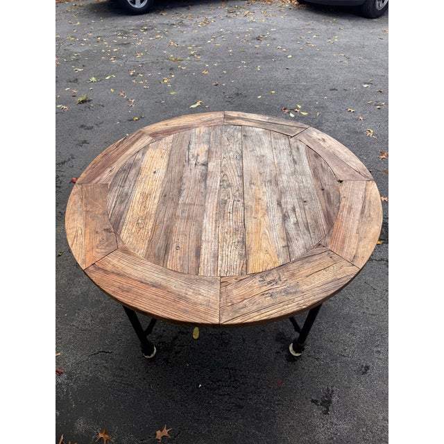 English Vintage Solid Elm and Cast Iron Round Reclaimed Table From Retired Restoration Hardware Collection For Sale - Image 3 of 3