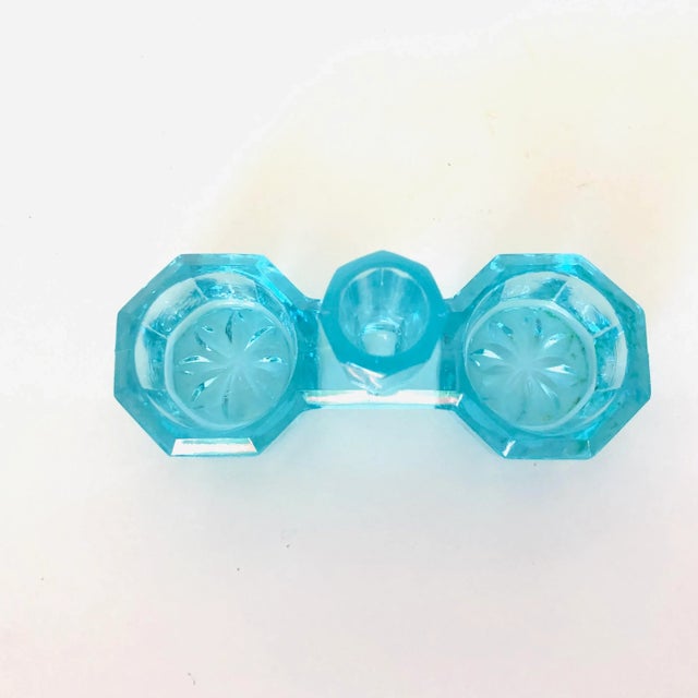 Vintage Aqua Glass Salt & Pepper Pinch Dip Stand For Sale - Image 4 of 6