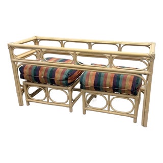 1970s Vintage Coastal Bamboo & Rattan Console Table With Matching Ottomans For Sale