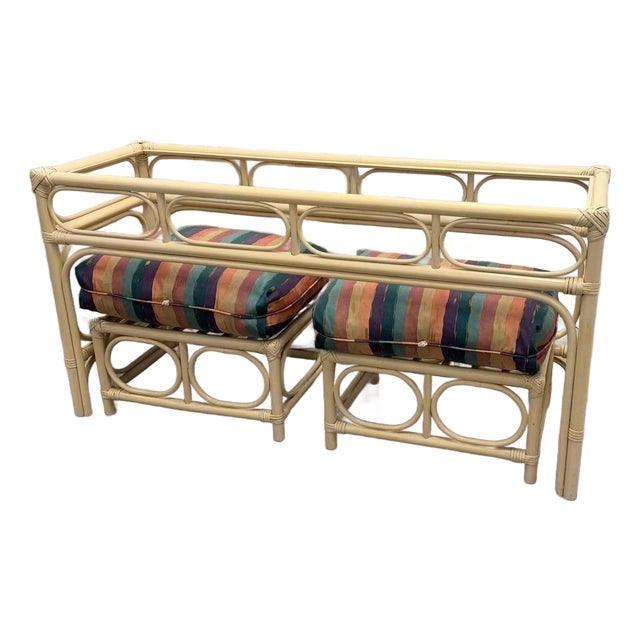1970s Vintage Coastal Bamboo & Rattan Console Table With Matching Ottomans For Sale