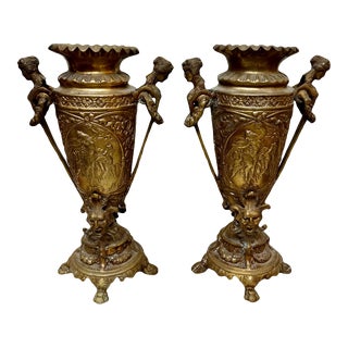 Late 20th Century Pair of Bronze French Neoclassical Figural Handle Urns For Sale