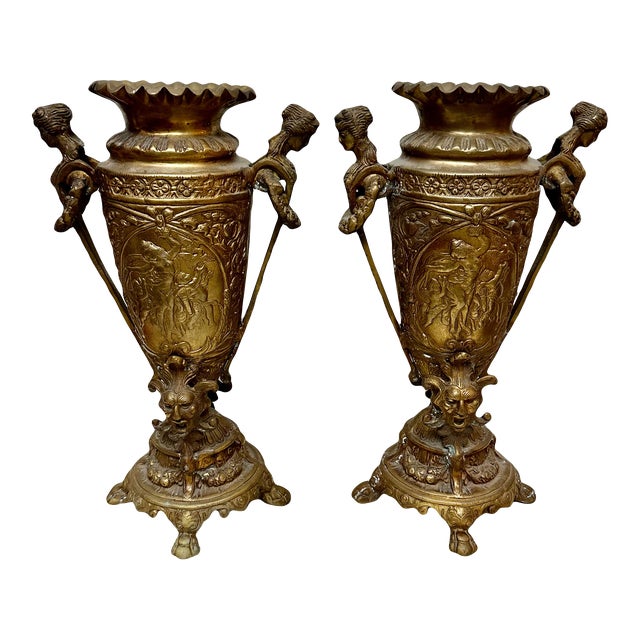 Late 20th Century Pair of Bronze French Neoclassical Figural Handle Urns For Sale