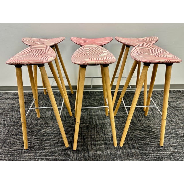Set Of 6 Steelcase Enea Café Wood Counter Stool Upholstered Red Seat Excellent condition, although 1 stool has a slight...