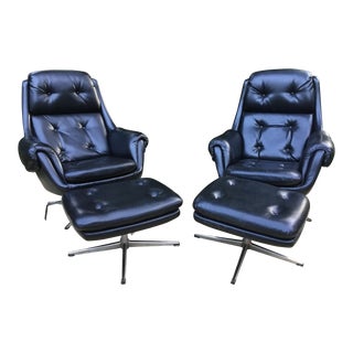 Overman Lounge Chairs With Ottomans, a Pair For Sale