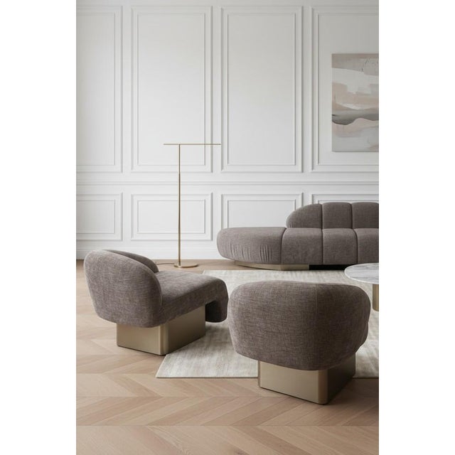 Textile Set of 2 Right Arm and Left Arm Accent Chairs With Brass Base in Brown For Sale - Image 7 of 14