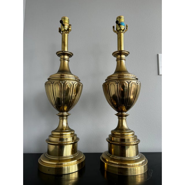 Pair of 20th Century Stiffel Solid Polished Brass Table Lamps – Tulip Detail, Classic Elegance Enhance your décor with...