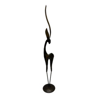 Vintage Mid-Century Modern Hollywood Regency Brass Deer Sculpture on Stand, Black & Gold, 26” For Sale