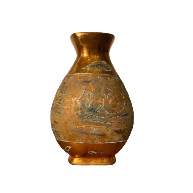 Vintage Egyptian Amphora Etched Hieroglyphics Hi-Sheen Golden Glazed Porcelain Vase Reproduction For Sale - Image 4 of 6