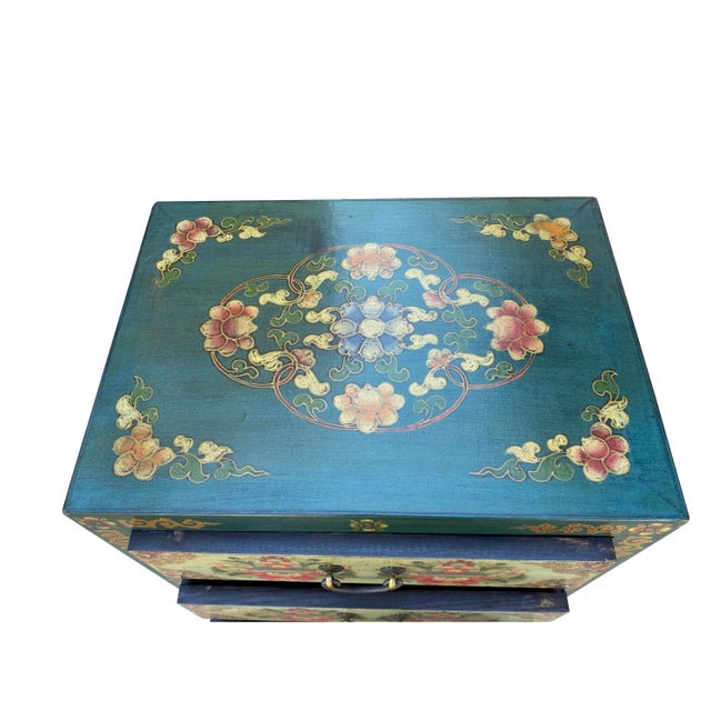Distressed Teal Green Blue Flowers Graphic 4 Drawers End Table Nightstand For Sale In San Francisco - Image 6 of 7